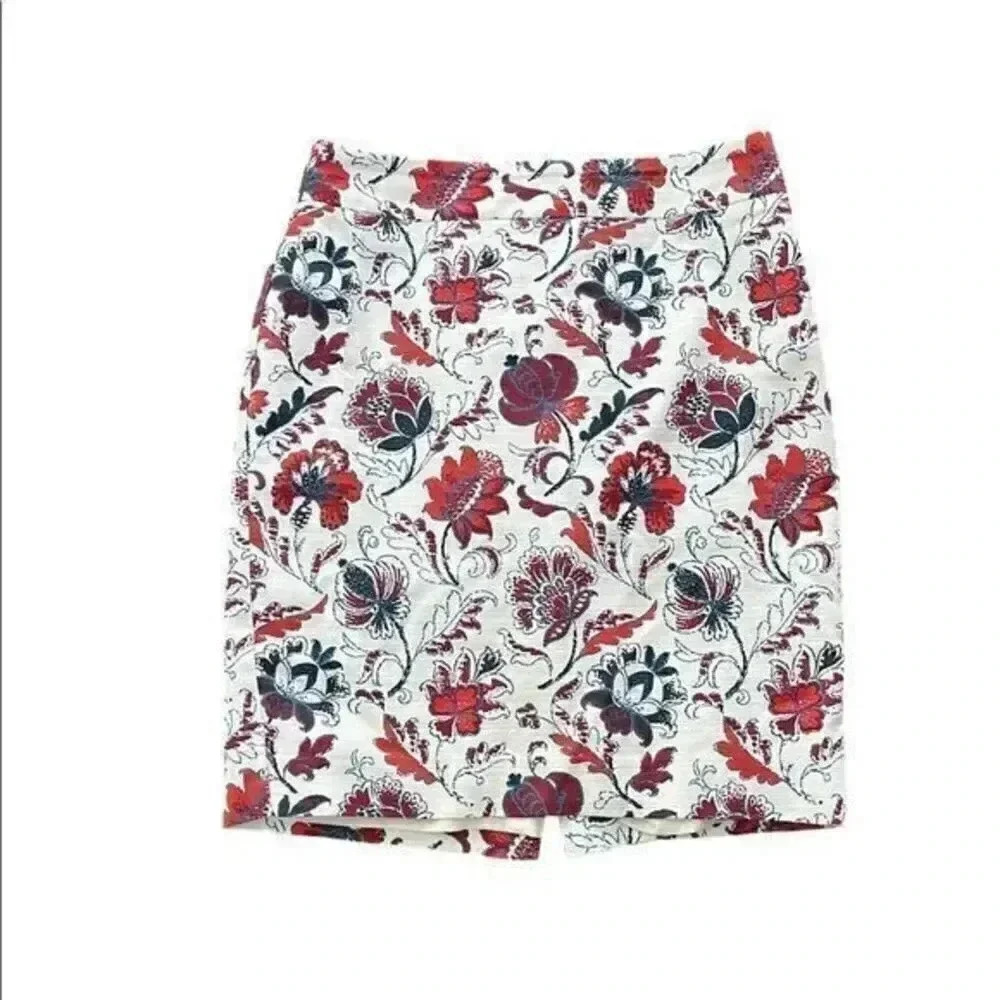 Ann Taylor Red and Black Floral Pencil Skirt